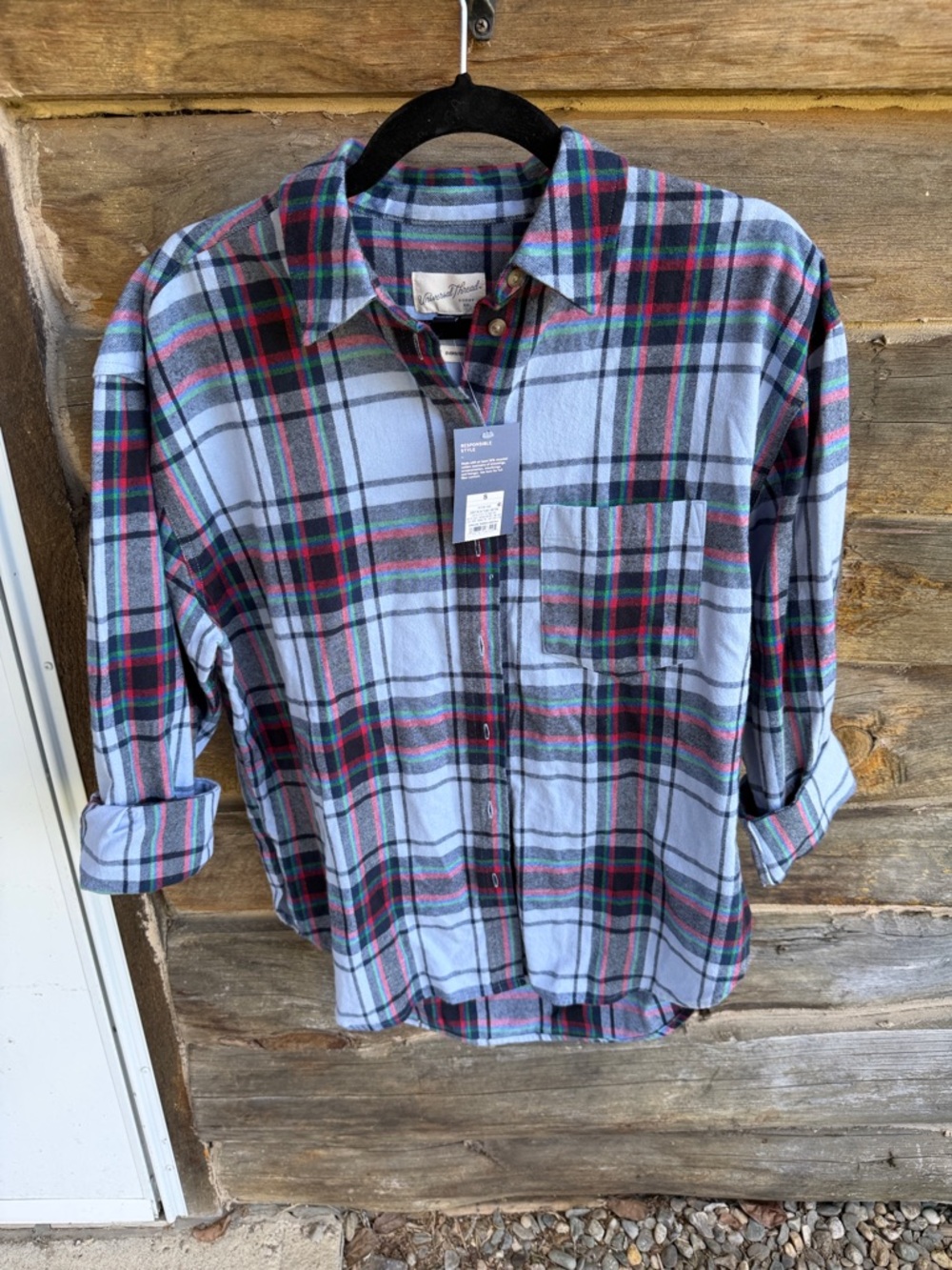 Universal Thread Light Blue Plaid Button-Down Shirt with Green & Red Accents